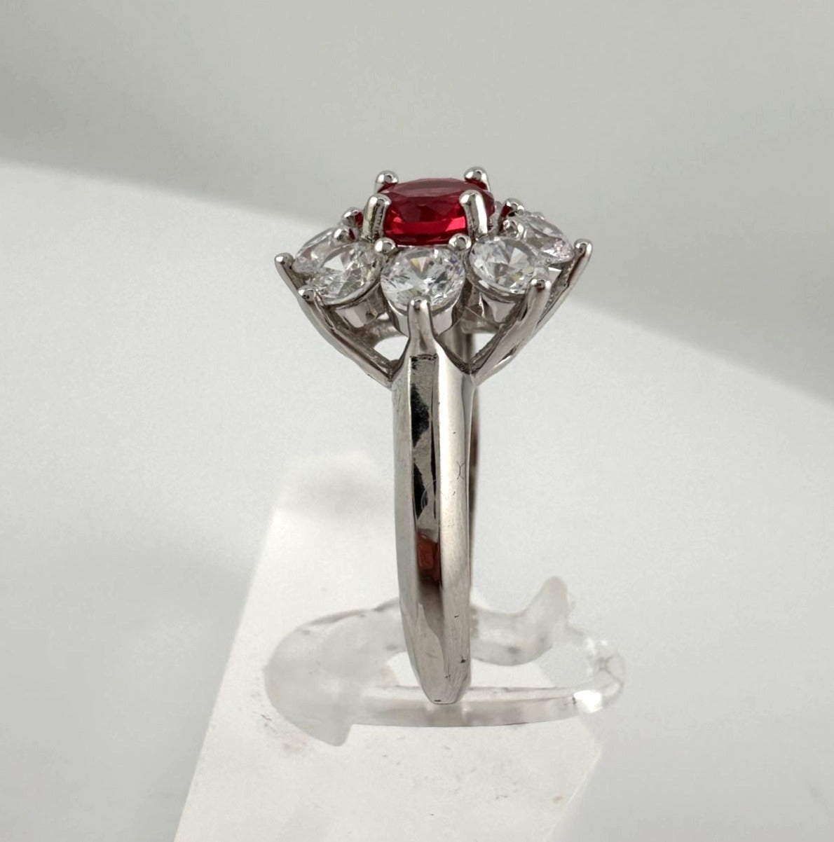 Beautiful and Bright Lab Created Ruby and White Topaz Flower Burst Ring