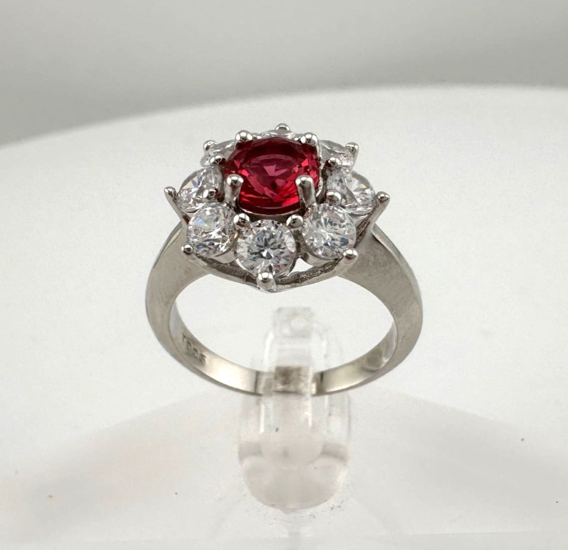 Beautiful and Bright Lab Created Ruby and White Topaz Flower Burst Ring