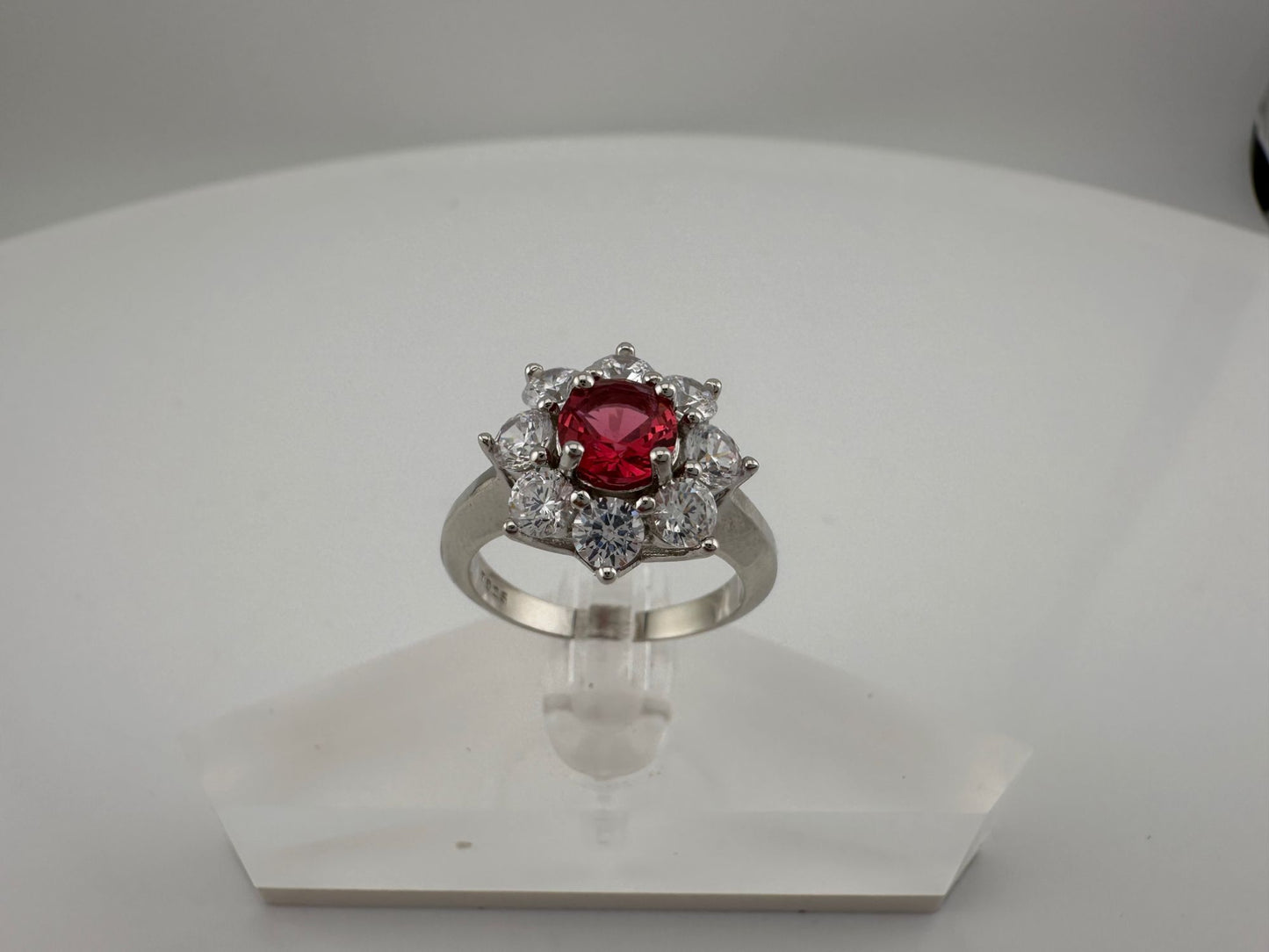 Beautiful and Bright Lab Created Ruby and White Topaz Flower Burst Ring