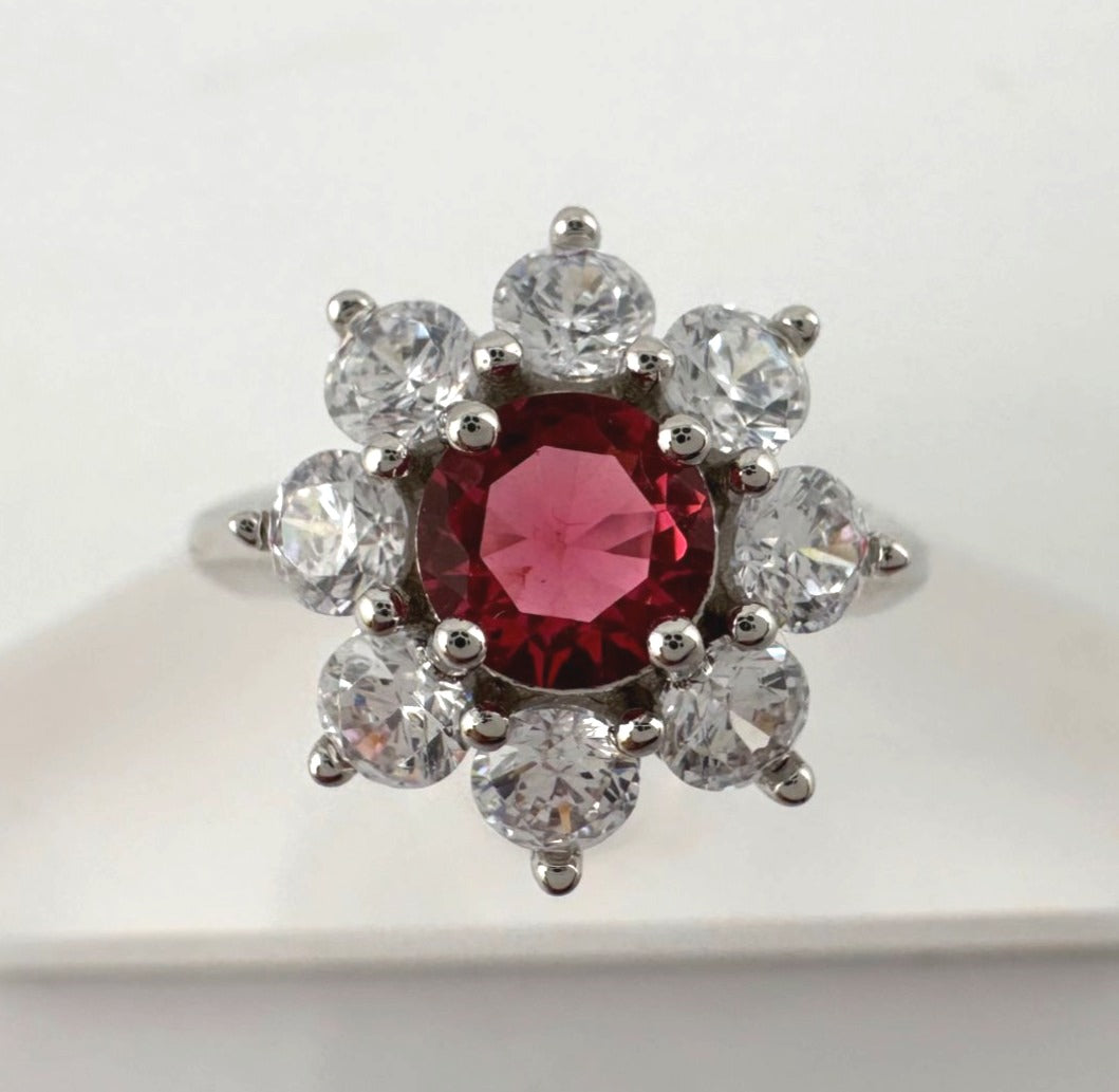 Beautiful and Bright Lab Created Ruby and White Topaz Flower Burst Ring