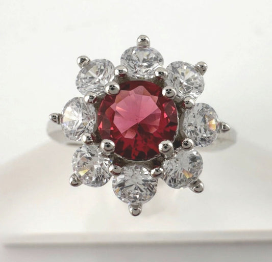 Beautiful and Bright Lab Created Ruby and White Topaz Flower Burst Ring