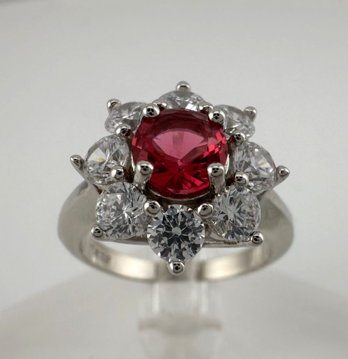 Beautiful and Bright Lab Created Ruby and White Topaz Flower Burst Ring