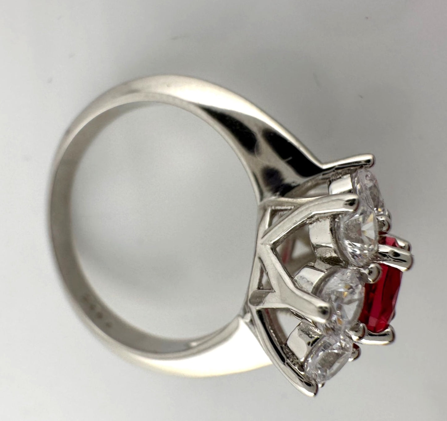 Beautiful and Bright Lab Created Ruby and White Topaz Flower Burst Ring