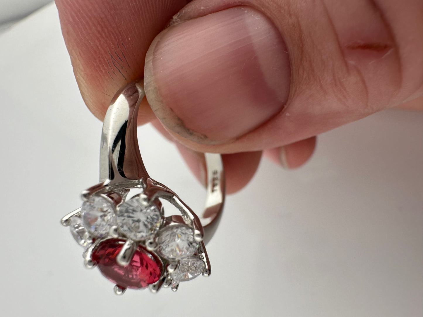 Beautiful and Bright Lab Created Ruby and White Topaz Flower Burst Ring