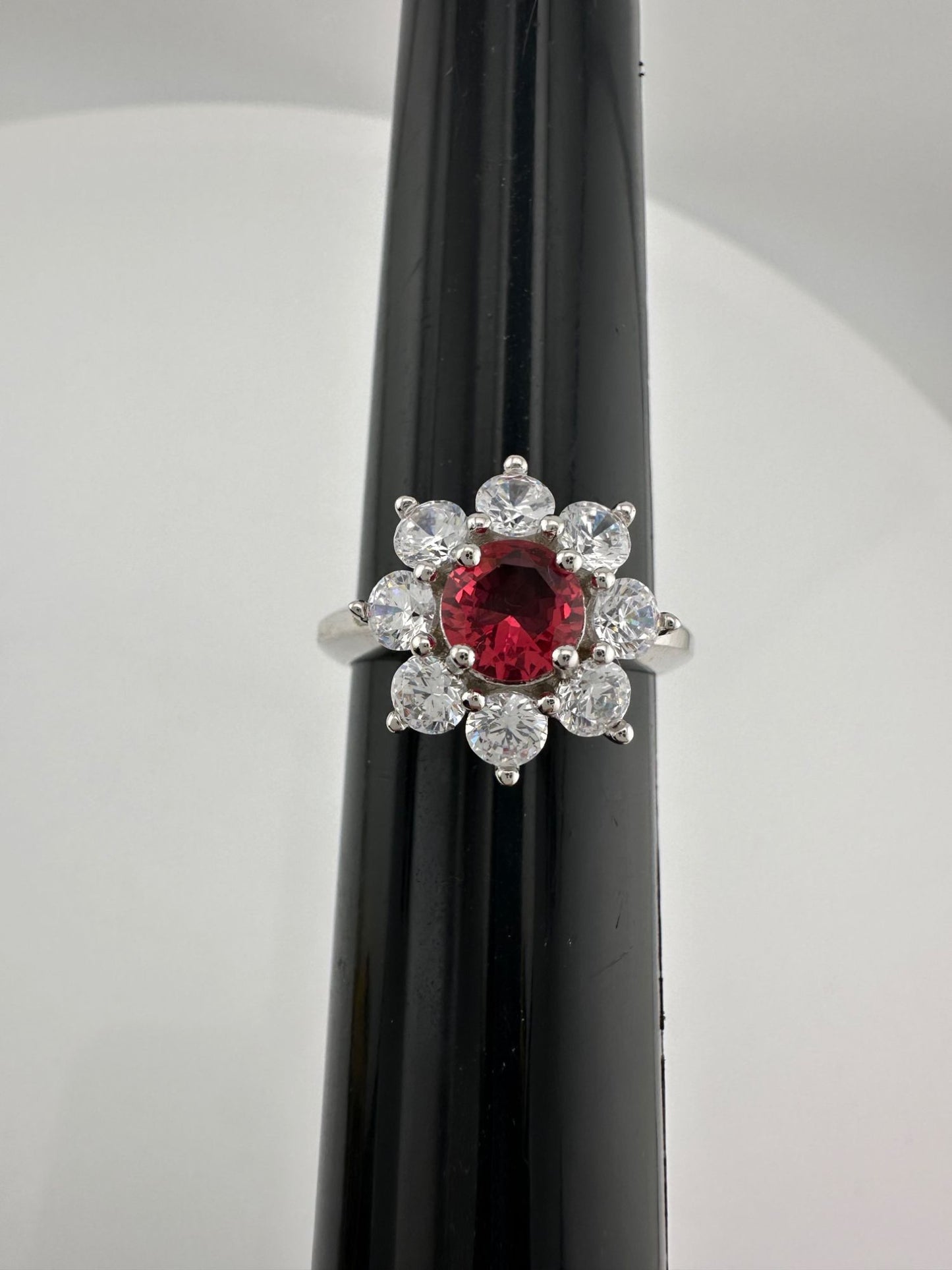 Beautiful and Bright Lab Created Ruby and White Topaz Flower Burst Ring