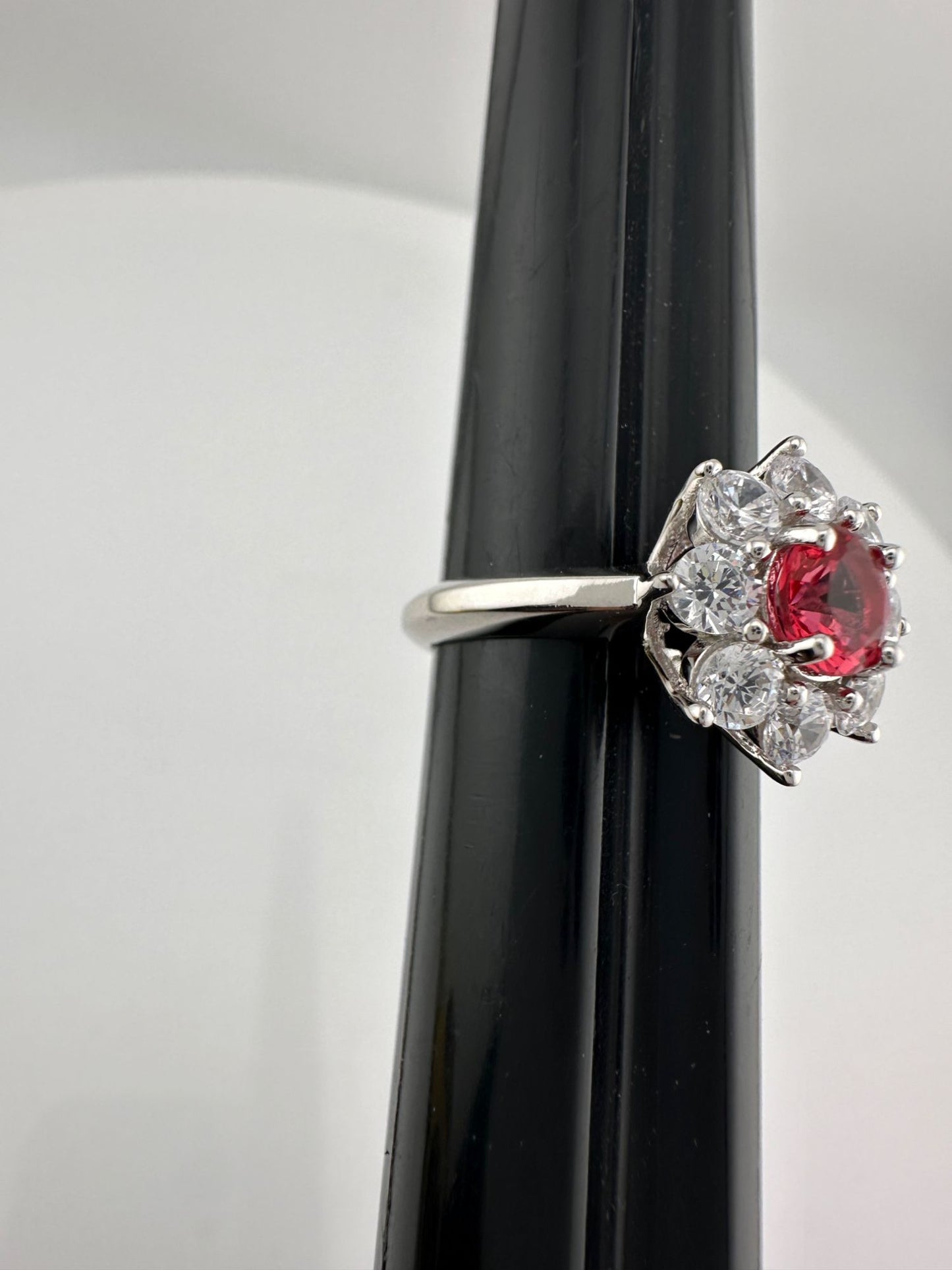 Beautiful and Bright Lab Created Ruby and White Topaz Flower Burst Ring