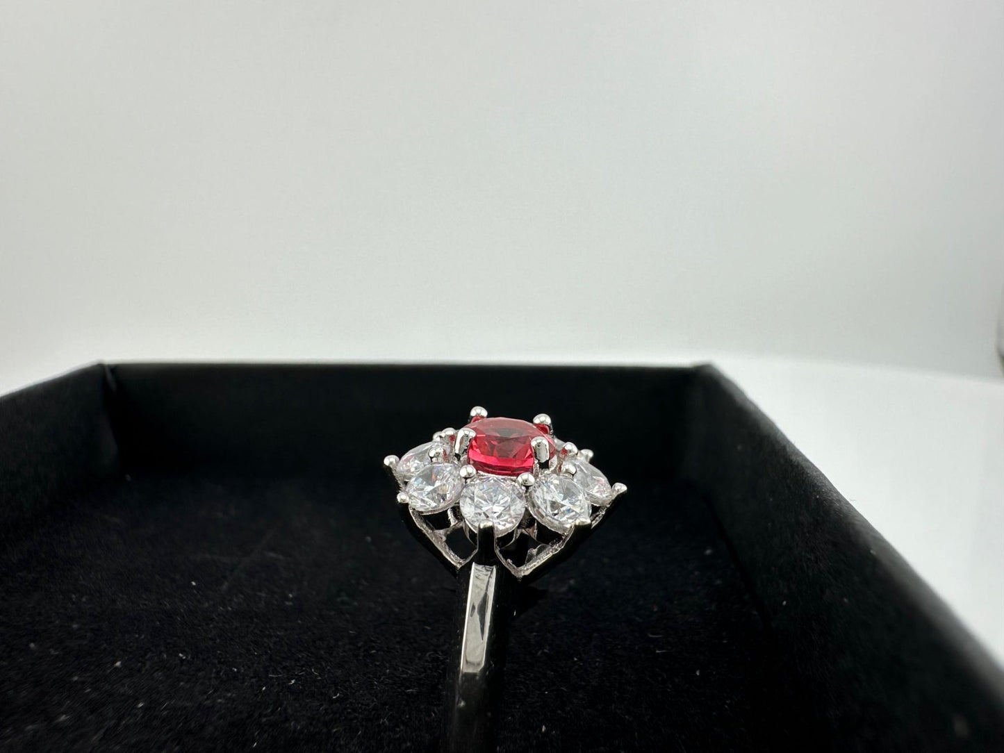 Beautiful and Bright Lab Created Ruby and White Topaz Flower Burst Ring