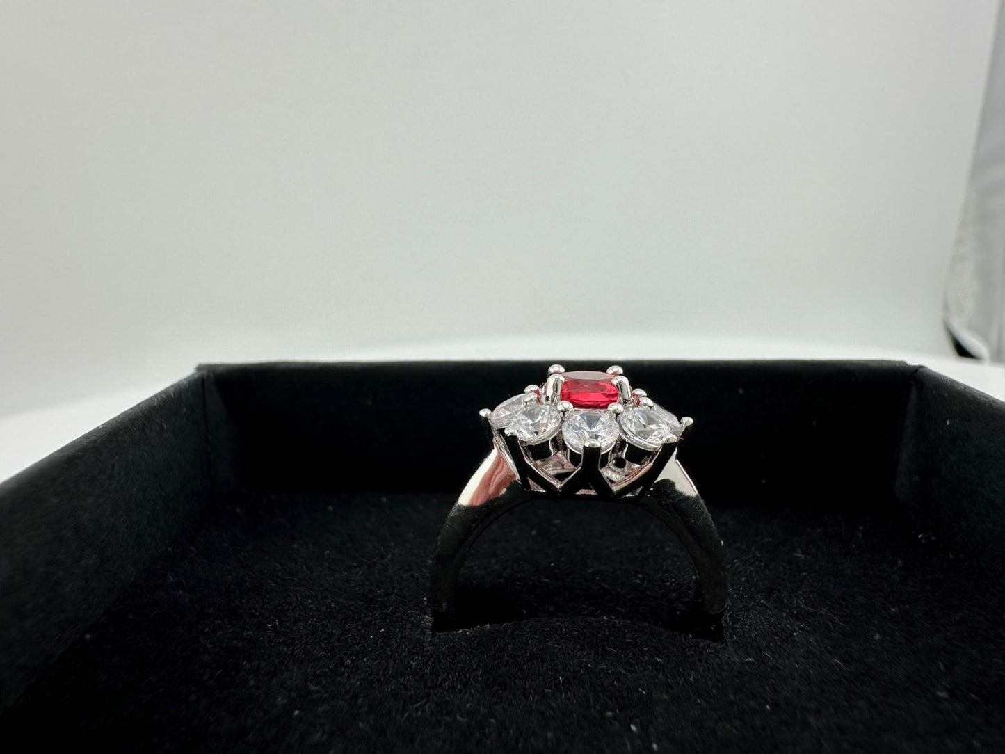 Beautiful and Bright Lab Created Ruby and White Topaz Flower Burst Ring