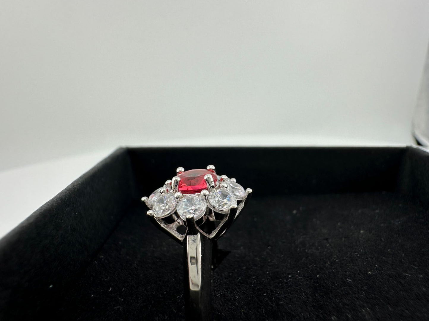 Beautiful and Bright Lab Created Ruby and White Topaz Flower Burst Ring