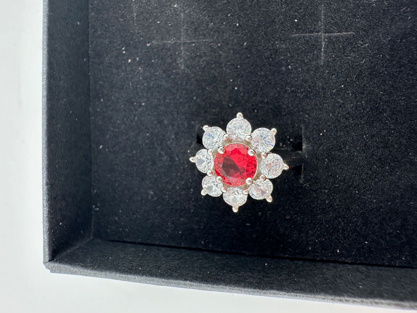 Beautiful and Bright Lab Created Ruby and White Topaz Flower Burst Ring