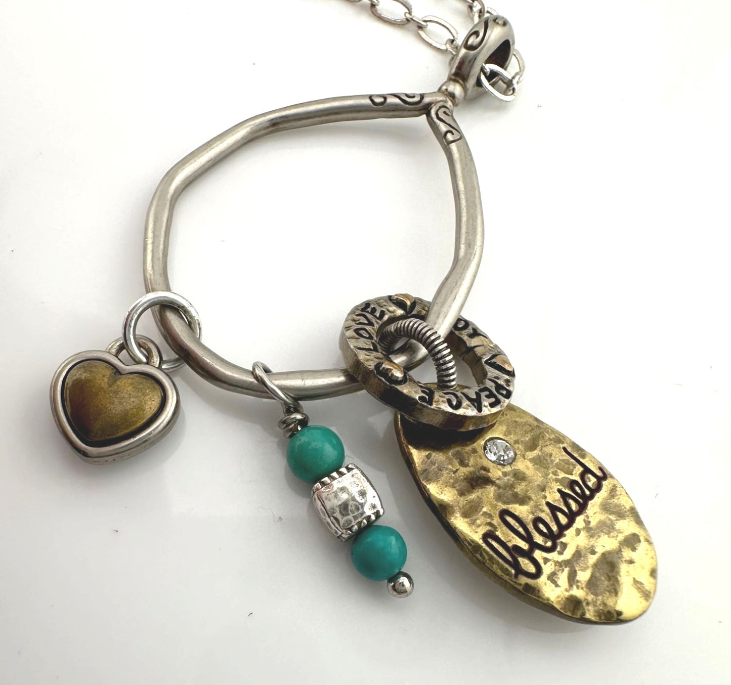 Brighton  *BLESSED* Charm Necklace - Joy * Peace * Love with Hearts, Turquoise Beads