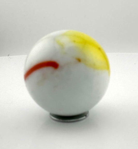 Vintage Opaque White Glass Shooter Marble with Yellow Smudge and Reddish Orange  Line