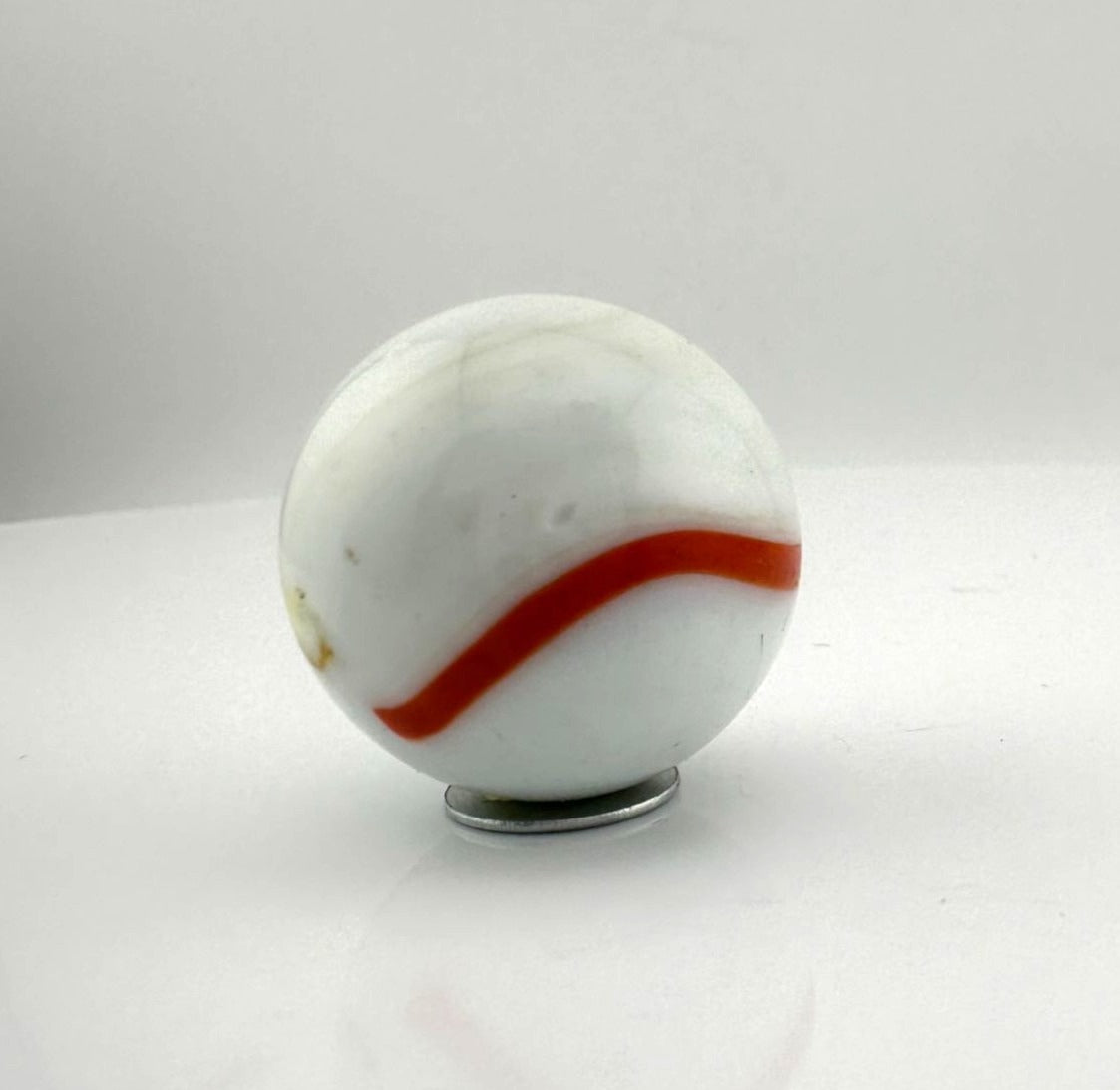 Vintage Opaque White Glass Shooter Marble with Yellow Smudge and Reddish Orange  Line