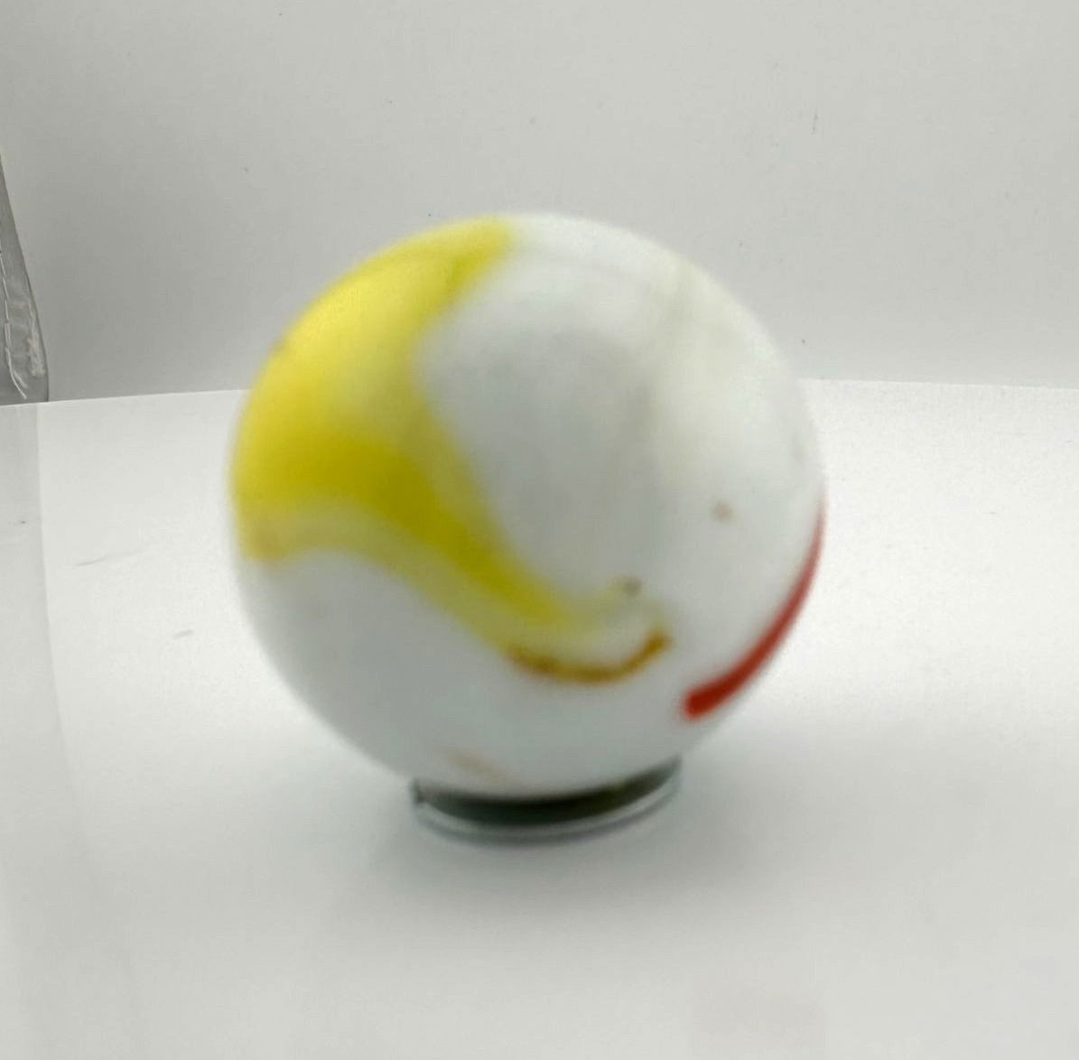 Vintage Opaque White Glass Shooter Marble with Yellow Smudge and Reddish Orange  Line