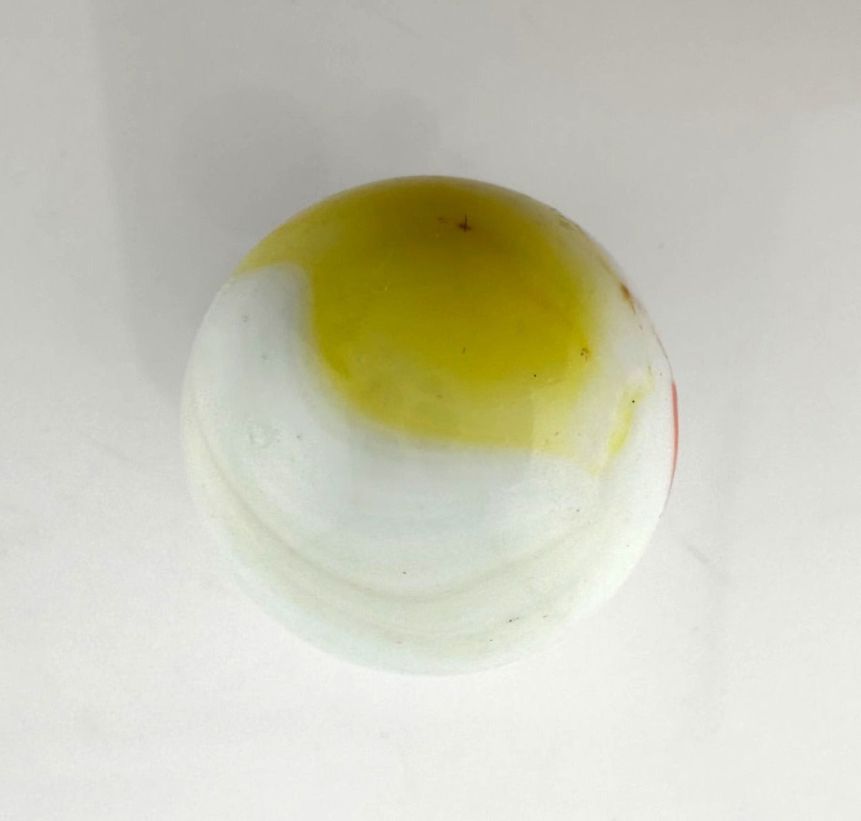 Vintage Opaque White Glass Shooter Marble with Yellow Smudge and Reddish Orange  Line