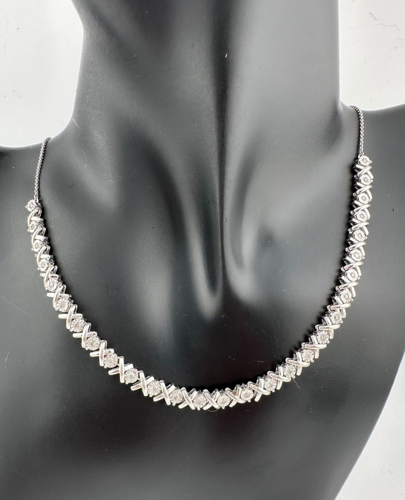 1/2 Carat Xs and Os Natural Diamond Evening Necklace - Sterling Silver - 20" Long