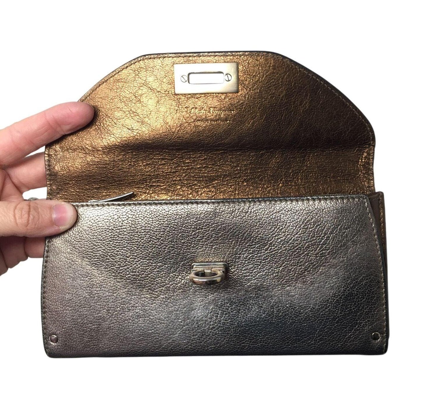 Salvatore Ferragamo Gold Metallic Tri-Color Long Wallet with Dust Bag - A+ Stuff