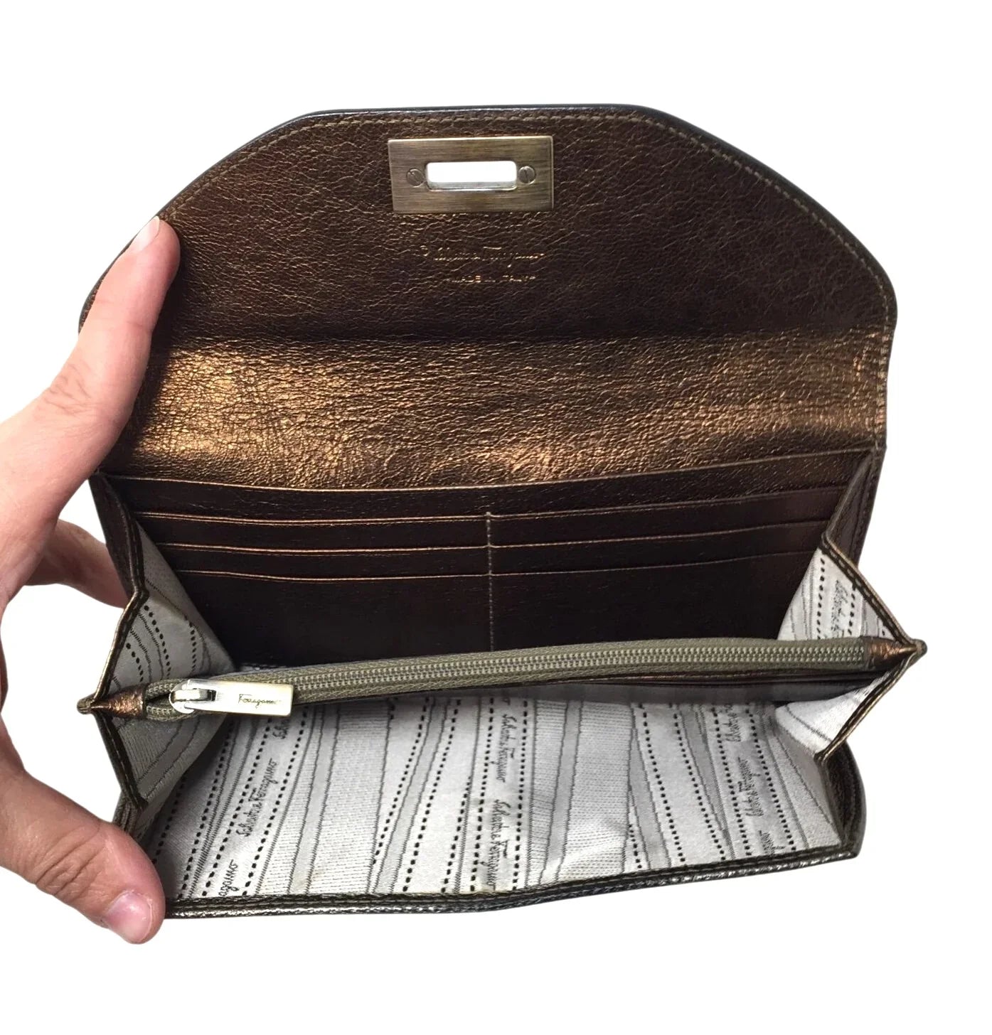 Salvatore Ferragamo Gold Metallic Tri-Color Long Wallet with Dust Bag - A+ Stuff