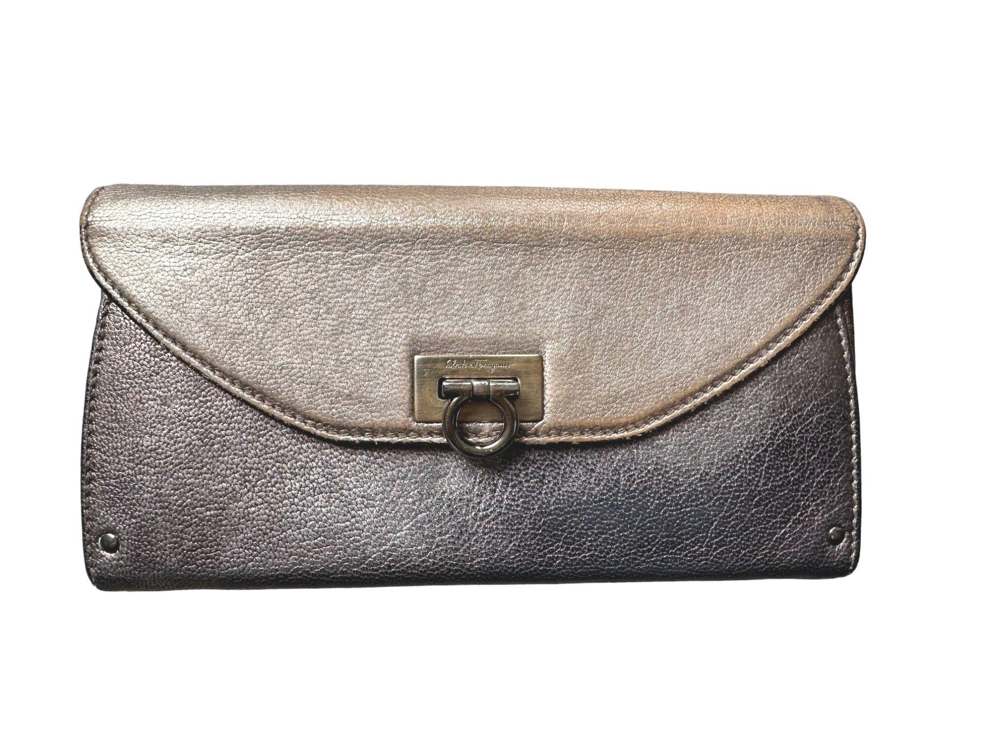 Salvatore Ferragamo Gold Metallic Tri-Color Long Wallet with Dust Bag - A+ Stuff