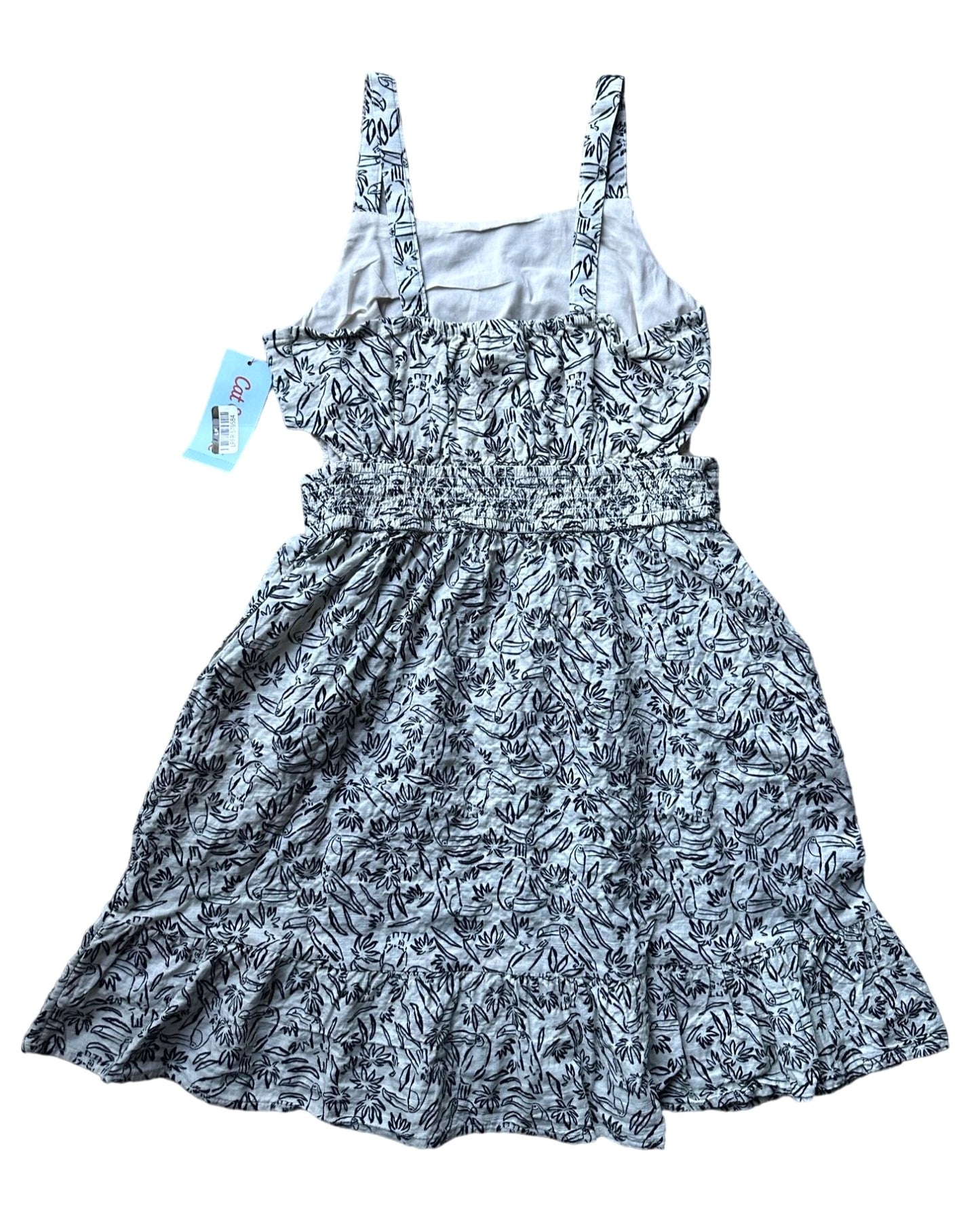 Girls Sundress - Black and Off White Toucan Print dress - Smocked Torso & Small Cutouts at Waist - LARGE (10/12)