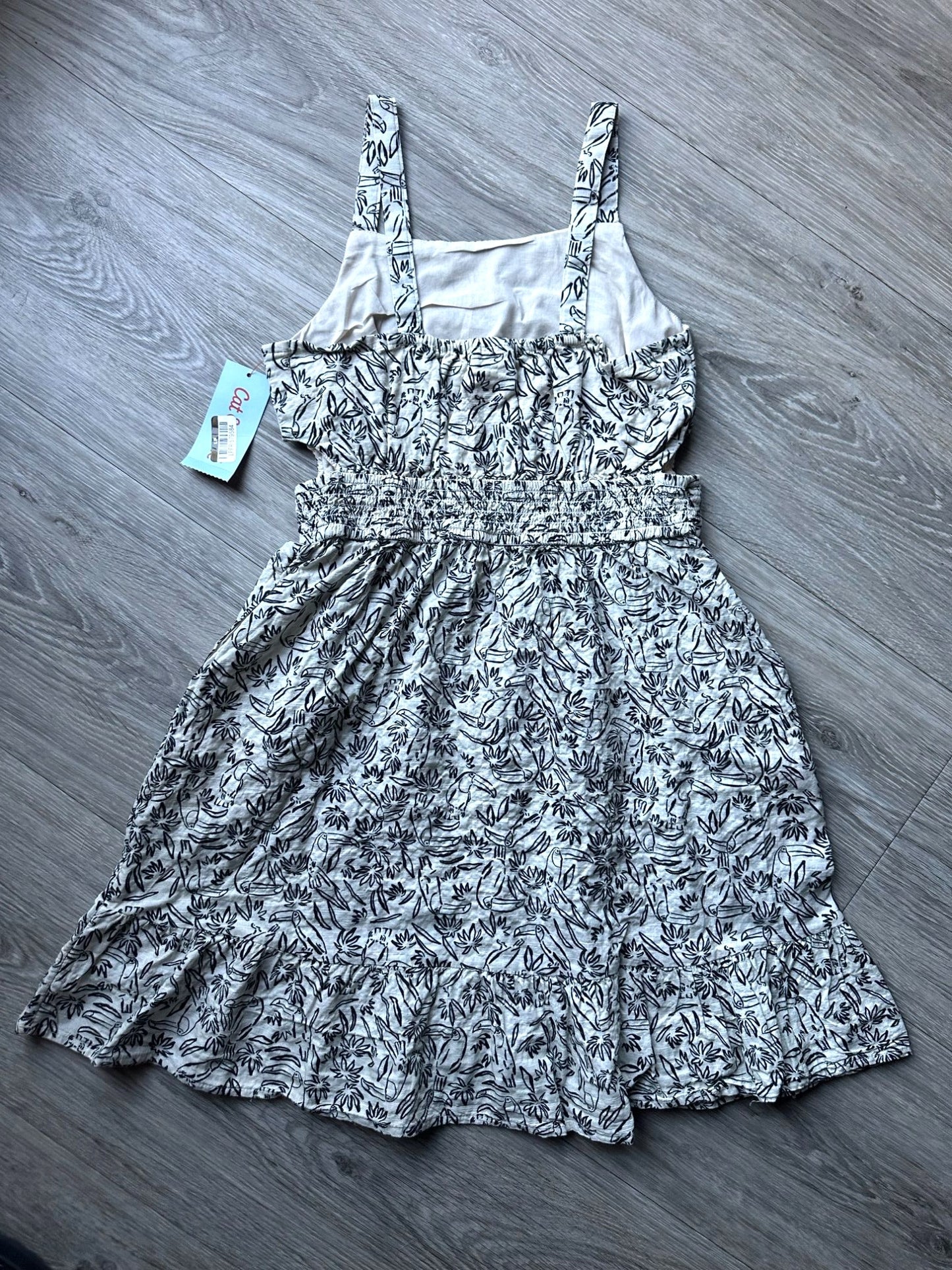 Girls Sundress - Black and Off White Toucan Print dress - Smocked Torso & Small Cutouts at Waist - LARGE (10/12)