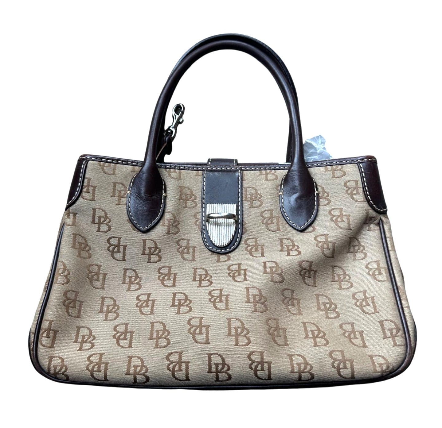 Dooney & Bourke Double Handle Signature Jacquard Tan Canvas and Dark Leather Satchel Bag