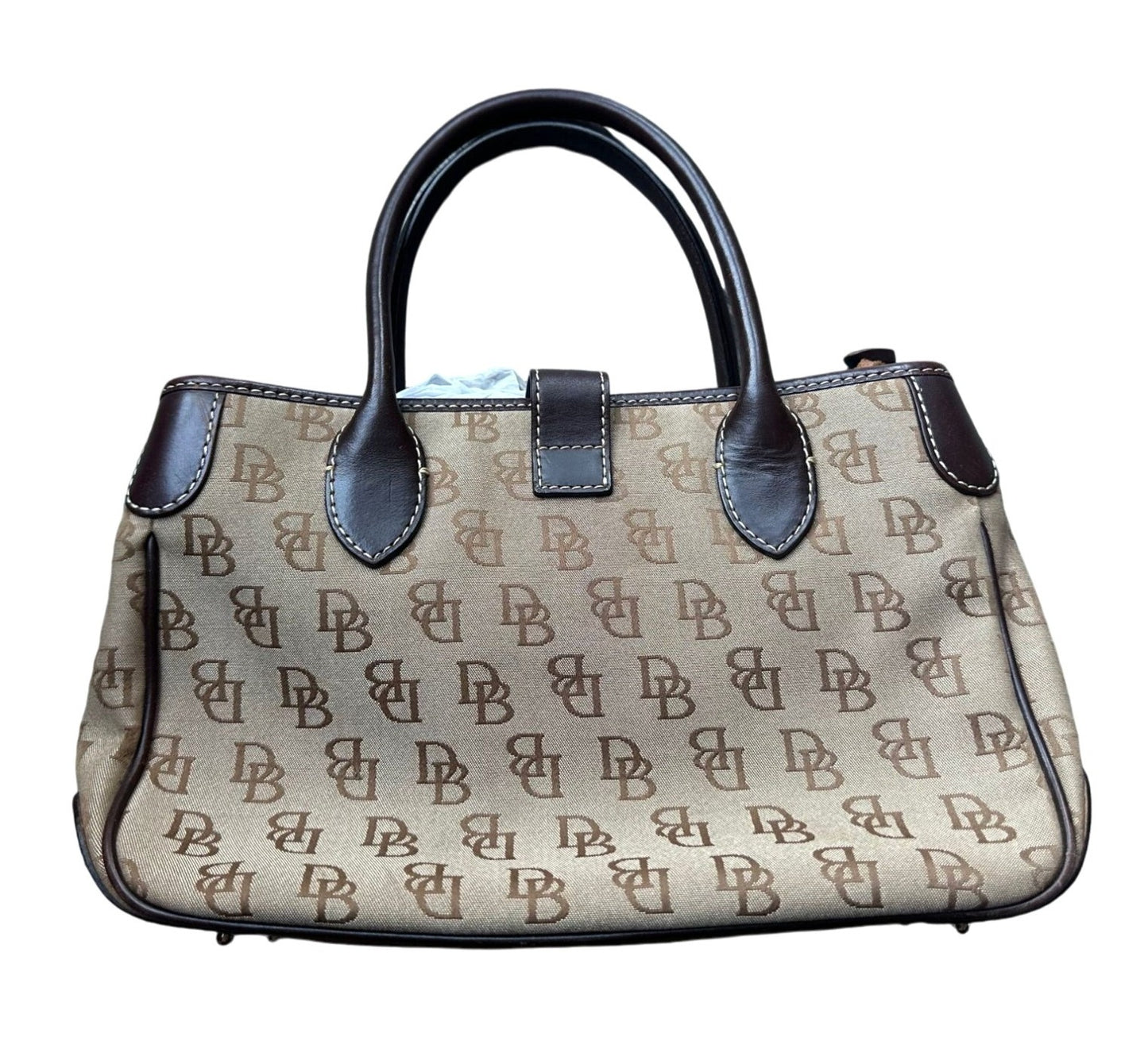 Dooney & Bourke Double Handle Signature Jacquard Tan Canvas and Dark Leather Satchel Bag