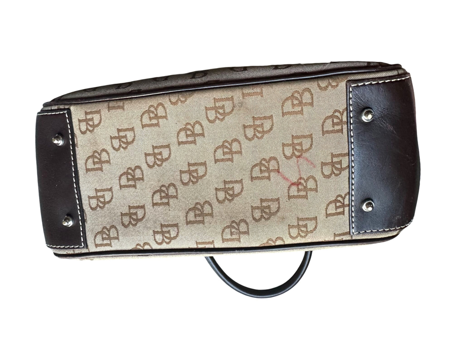 Dooney & Bourke Double Handle Signature Jacquard Tan Canvas and Dark Leather Satchel Bag