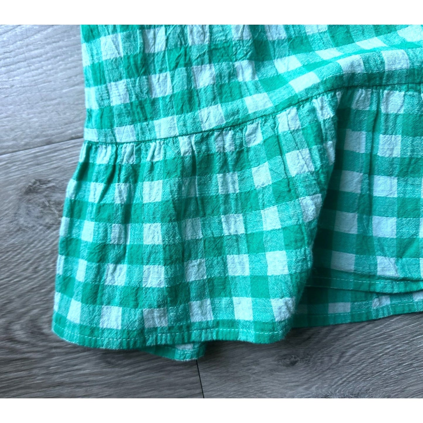 Gingham Girls Sundress - Green/Teal and White Gingham Print dress - Smocked Waist with Small Cutouts - L (10-12)