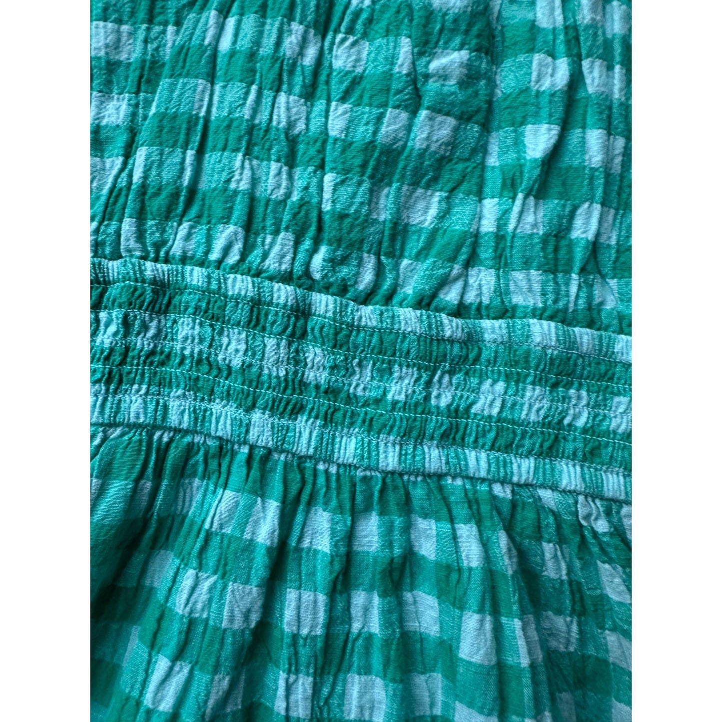 Gingham Girls Sundress - Green/Teal and White Gingham Print dress - Smocked Waist with Small Cutouts - L (10-12)