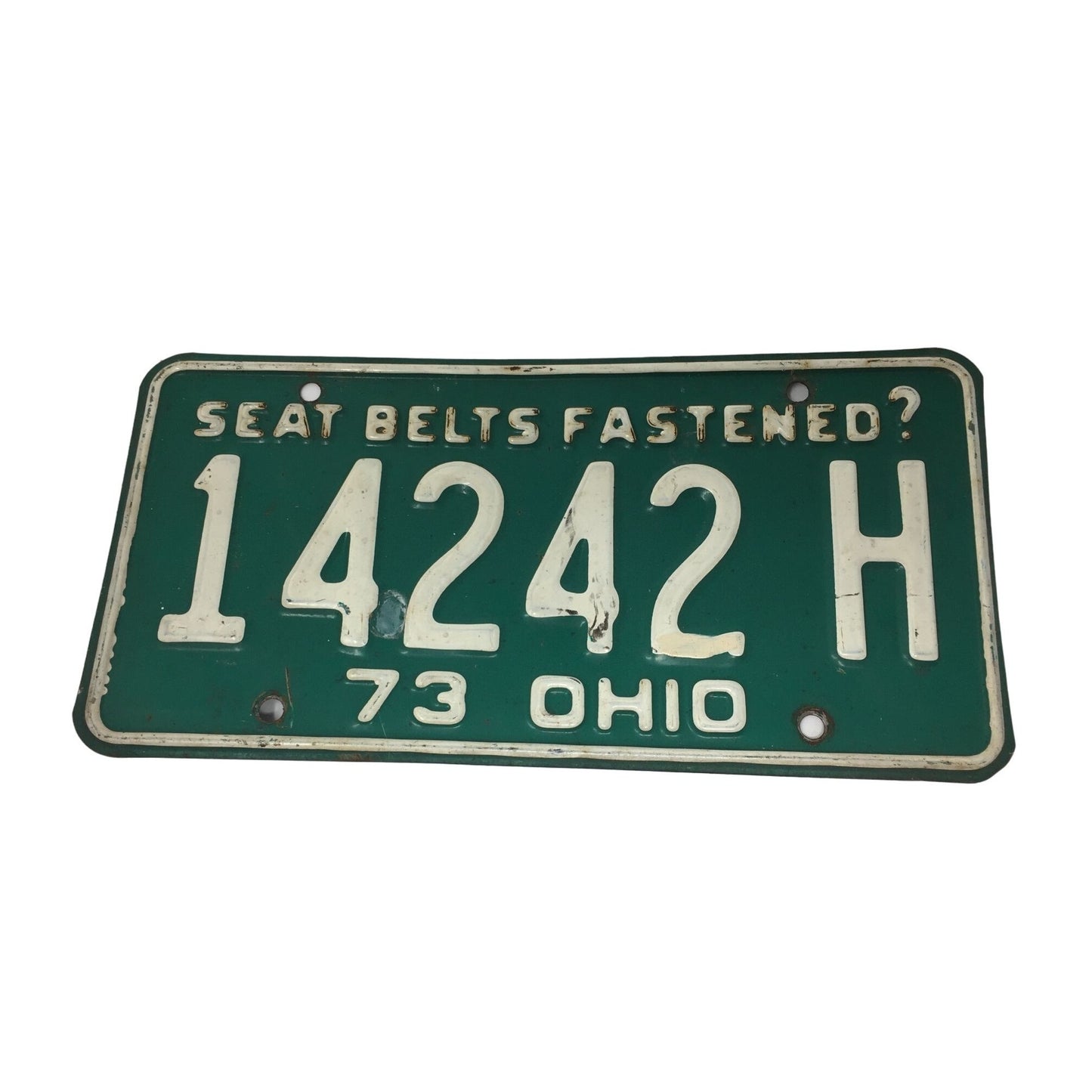 Vintage Green Metal License Plate Seat Belts Fastened? 14242H 73 OHIO