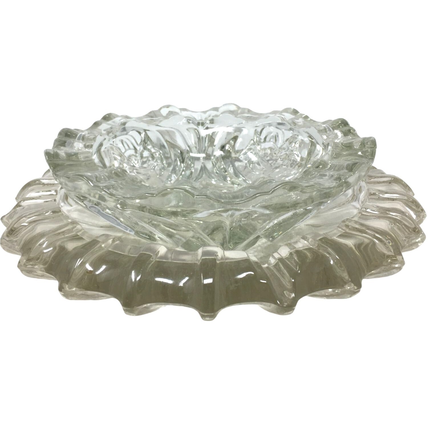 Vintage Clear Glass Ashtray Set Ruffled Edge, Mid Century Modern Crystal Candy Dish, Hollywood Regency Flower Shape Catchall Trinket Bowl unbranded  A+ Stuff