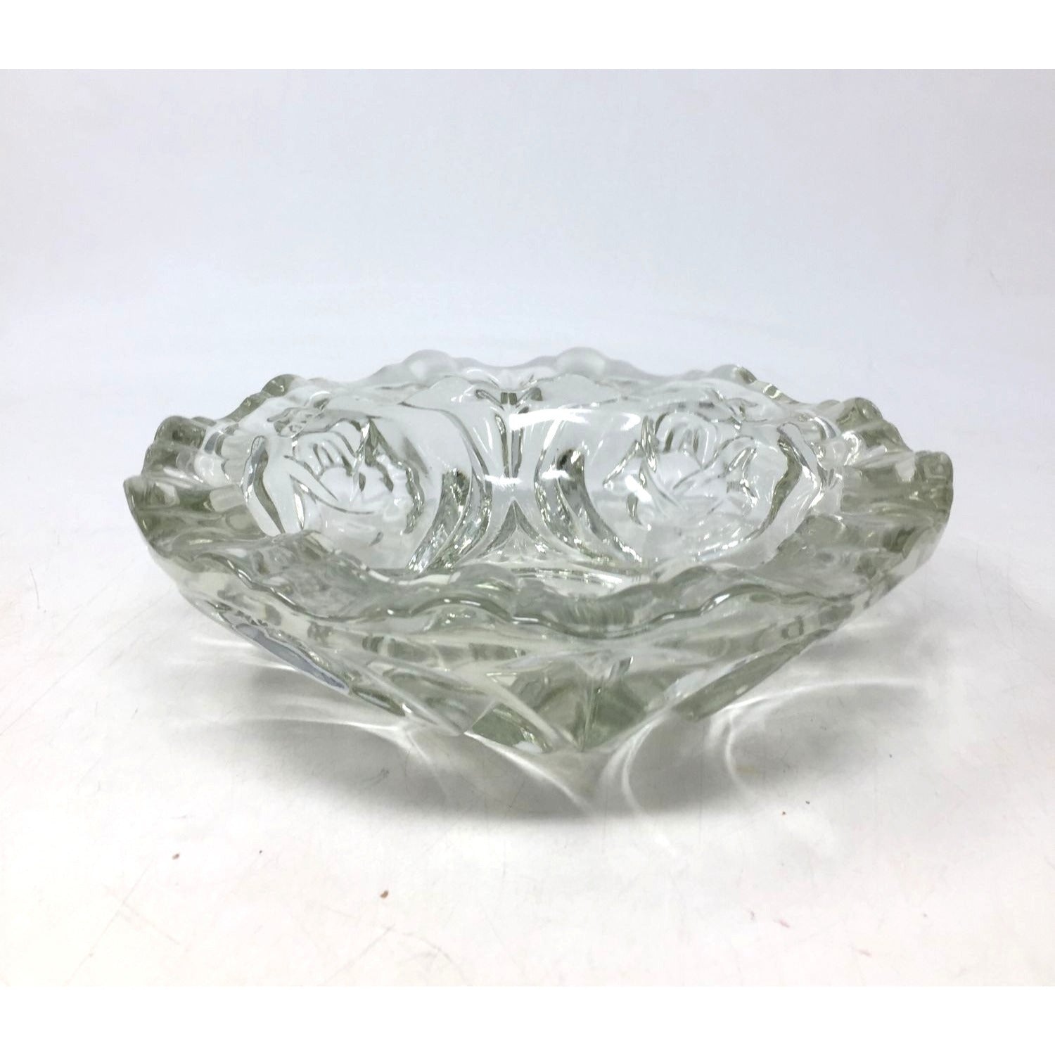 Vintage Clear Glass Ashtray Set Ruffled Edge, Mid Century Modern Crystal Candy Dish, Hollywood Regency Flower Shape Catchall Trinket Bowl unbranded  A+ Stuff