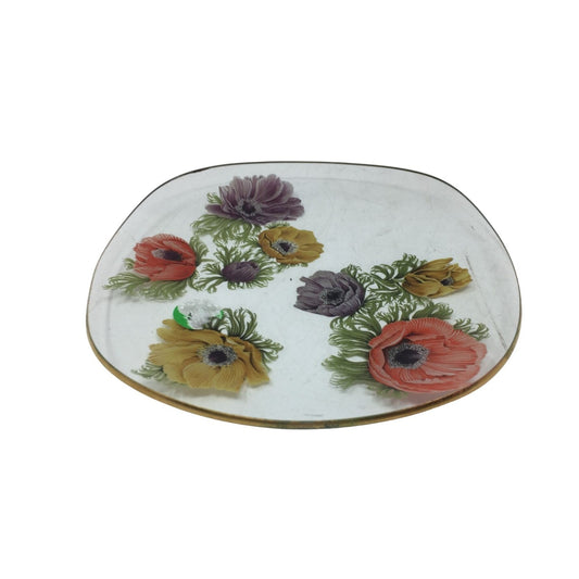 Small Vintage Clear Glass Plate with Flowers on it and Gold Colored Rim