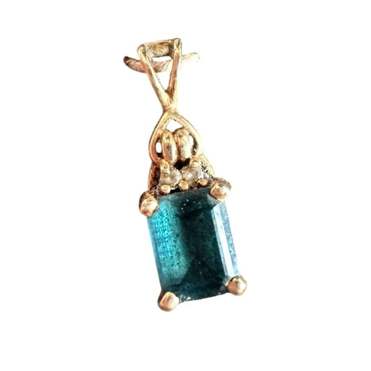 Vintage 14K Yellow Gold Emerald-Cut Teal Blue Gemstone Pendant with Accent Stones A+ Stuff  A+ Stuff
