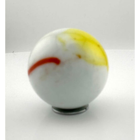 Vintage Opaque White Glass Shooter Marble with Yellow Smudge and Reddish Orange  Line