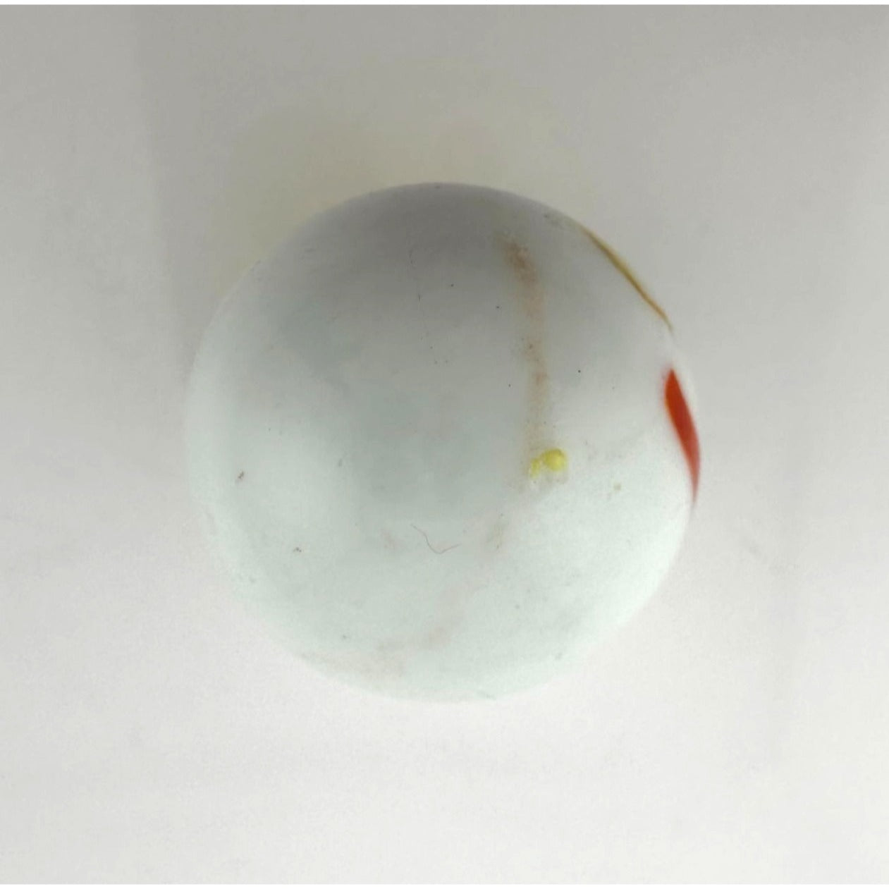 Vintage Opaque White Glass Shooter Marble with Yellow Smudge and Reddish Orange  Line