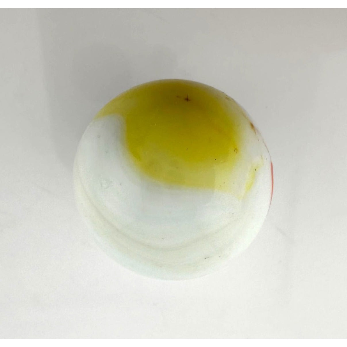 Vintage Opaque White Glass Shooter Marble with Yellow Smudge and Reddish Orange  Line