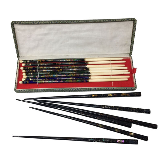 Vintage Cloisonné Enamel & Bone Chopsticks In Original Box/Holder