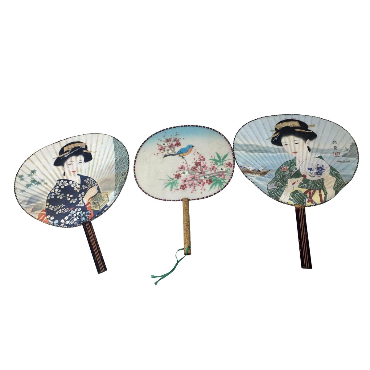 Vintage Japanese Uchiwa Paddle Fans - Set of 3 - Handpainted --  A+ Stuff Collectibles