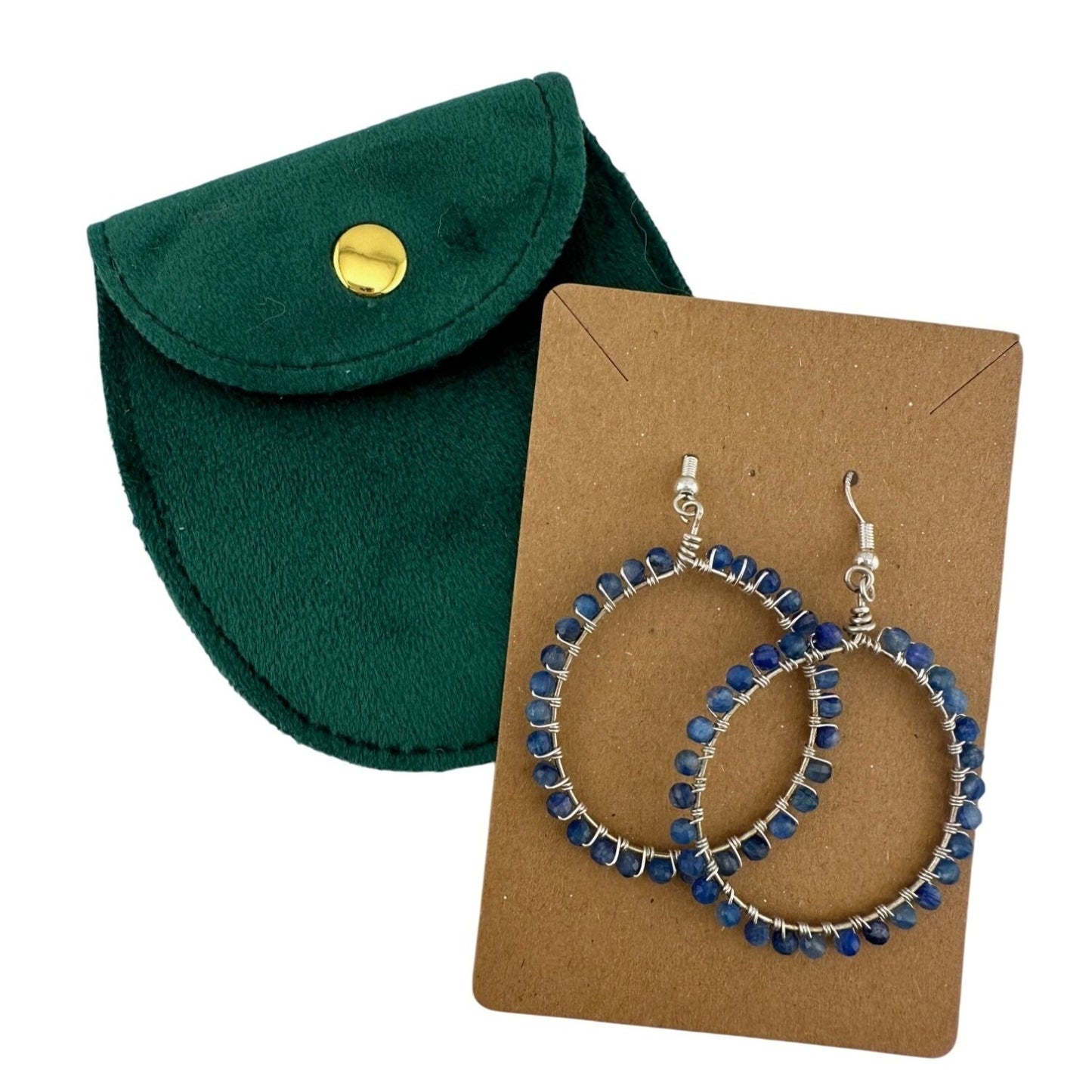 Womens Blue & Silver Hoop Earrings with Green Jewelry Pouch