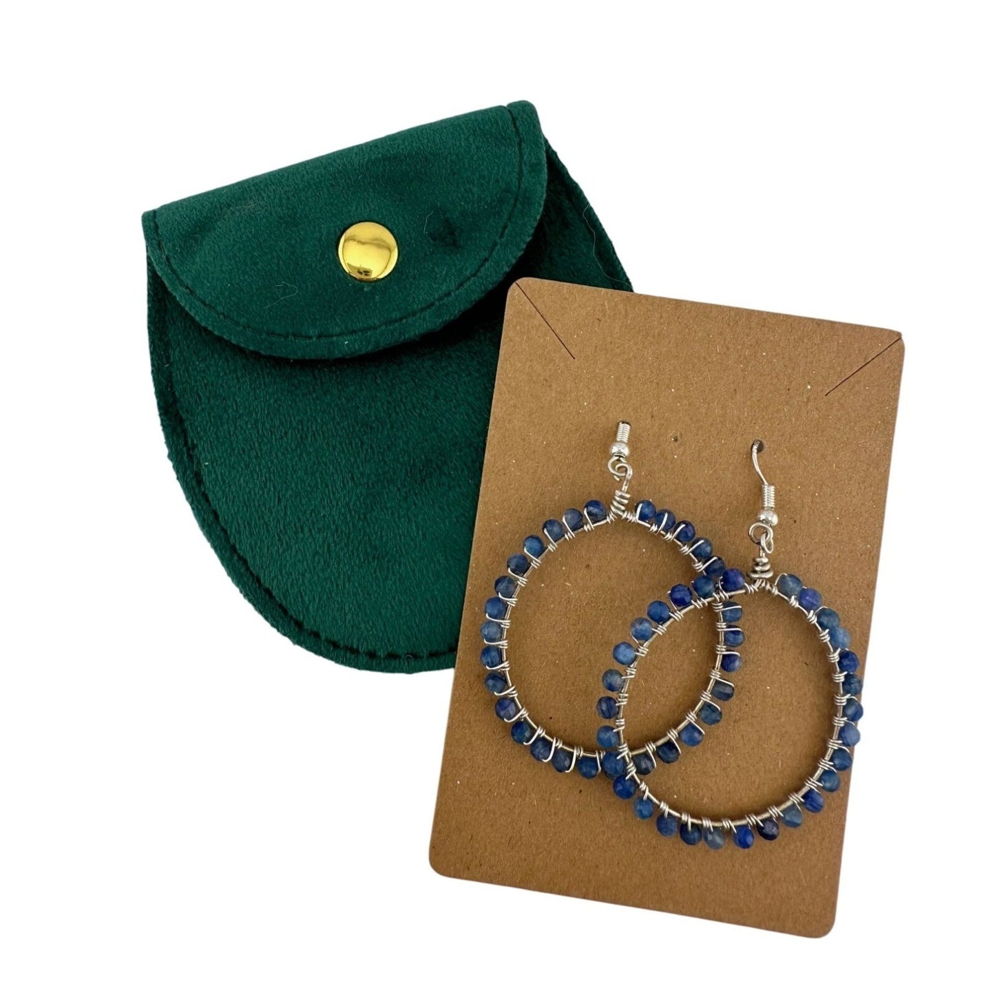 Womens Blue & Silver Hoop Earrings with Green Jewelry Pouch