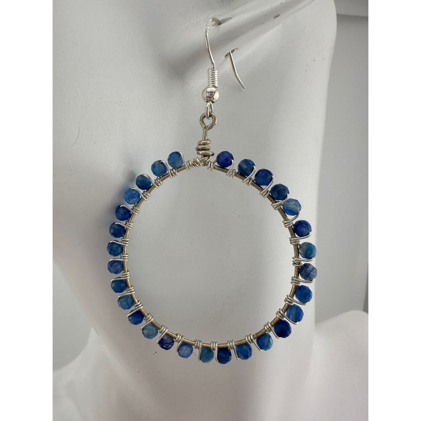 Womens Blue & Silver Hoop Earrings with Green Jewelry Pouch