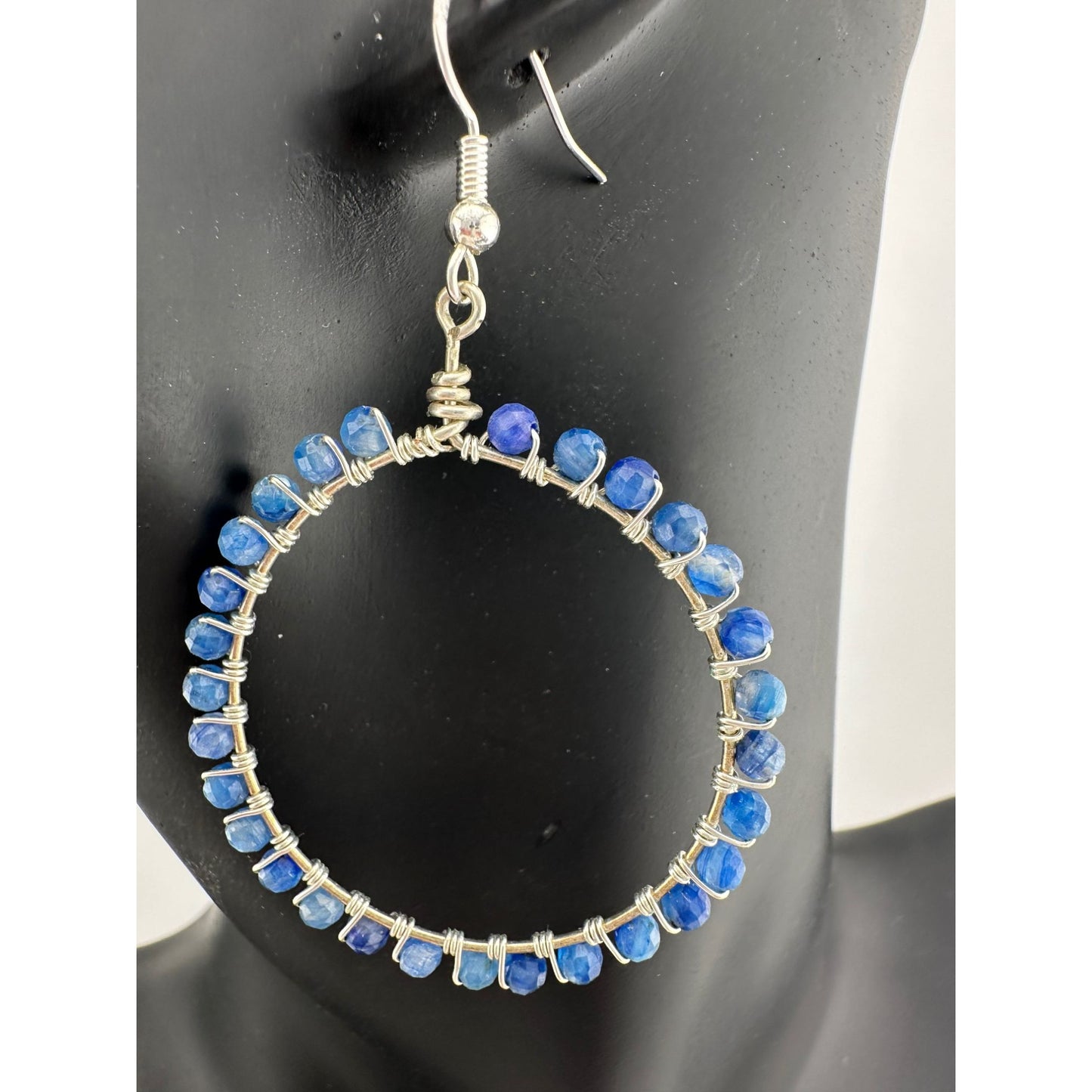 Womens Blue & Silver Hoop Earrings with Green Jewelry Pouch