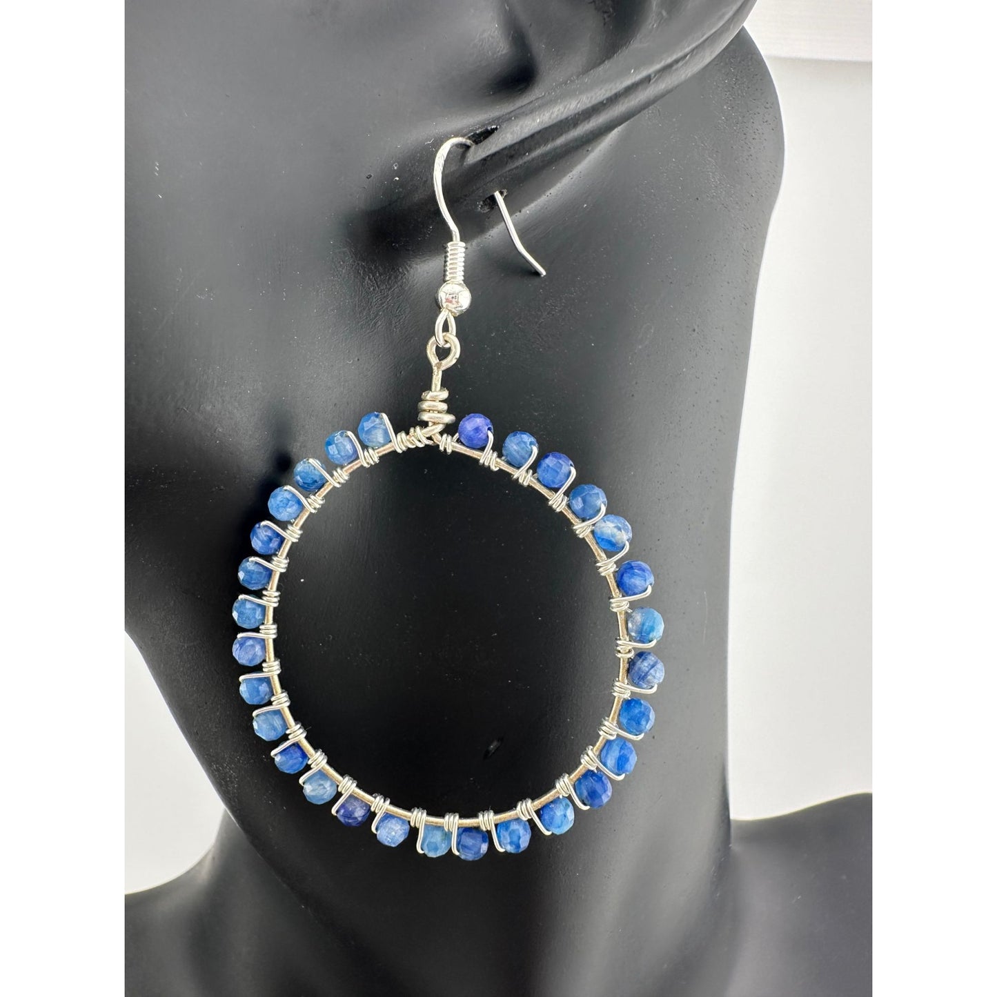 Womens Blue & Silver Hoop Earrings with Green Jewelry Pouch