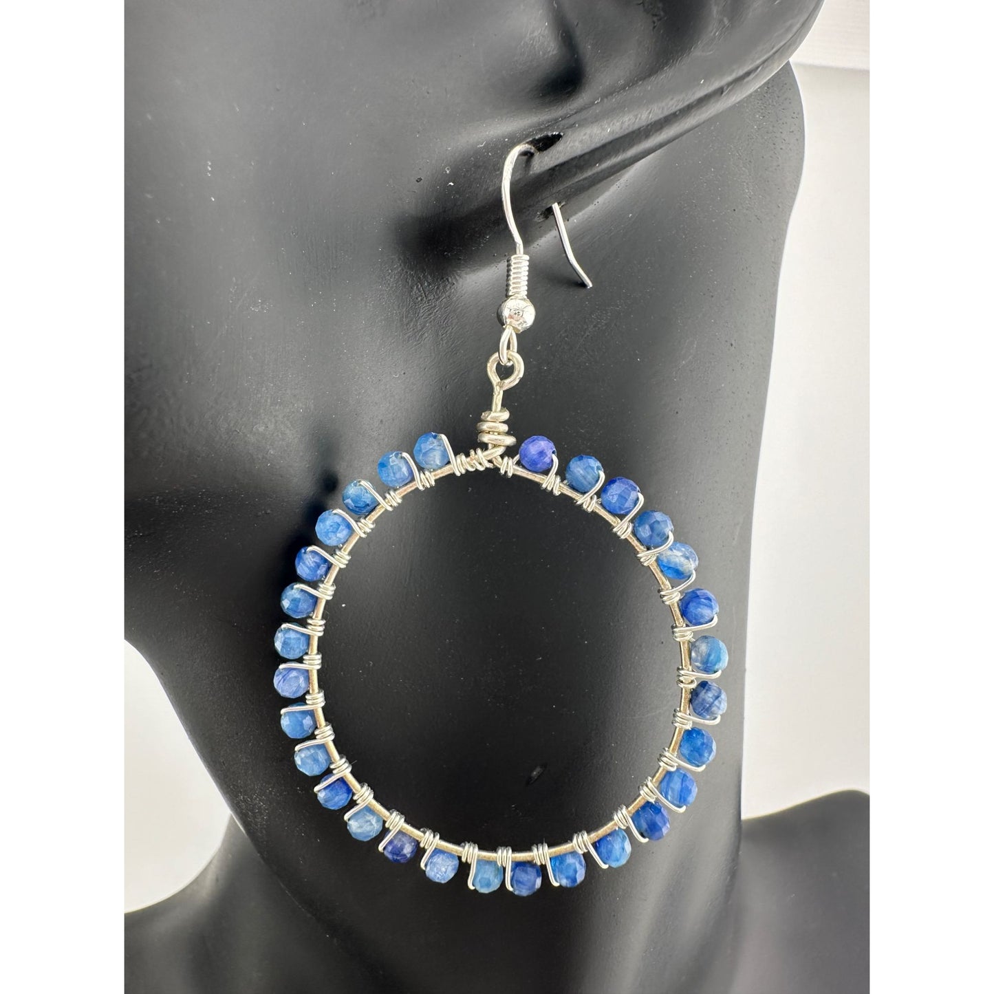 Womens Blue & Silver Hoop Earrings with Green Jewelry Pouch