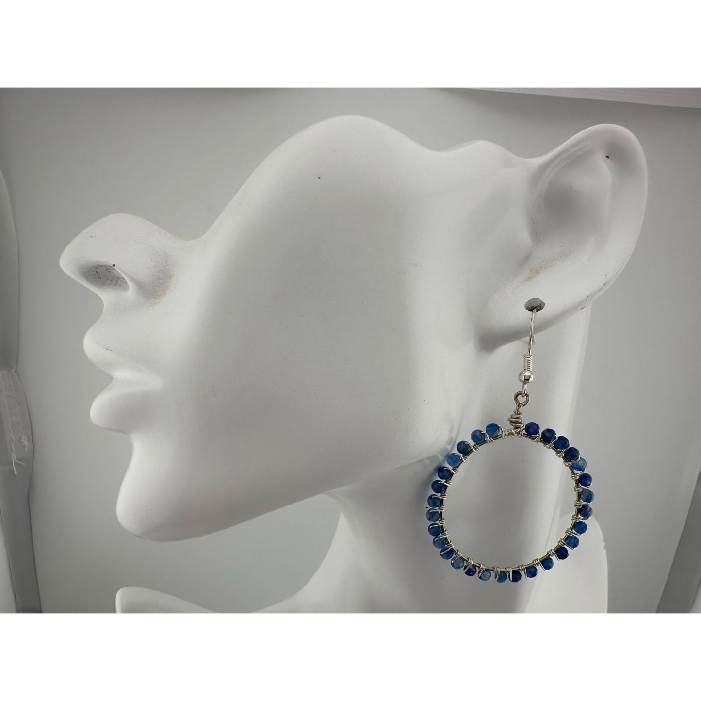 Womens Blue & Silver Hoop Earrings with Green Jewelry Pouch