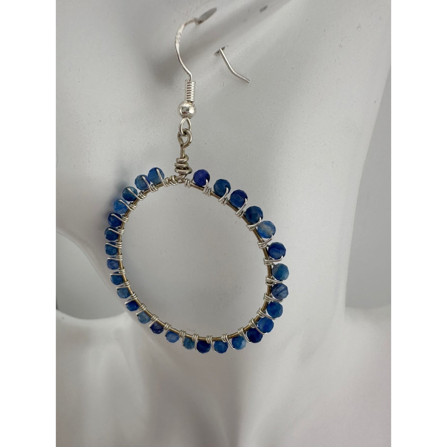 Womens Blue & Silver Hoop Earrings with Green Jewelry Pouch