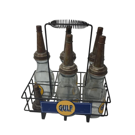 GULF Oil Glass Bottles with Metal Carrier (5 bottles, 6 lids)