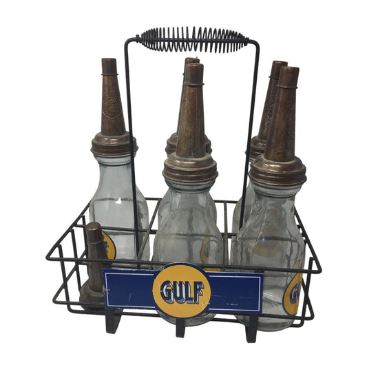 GULF Oil Glass Bottles with Metal Carrier (5 bottles, 6 lids)